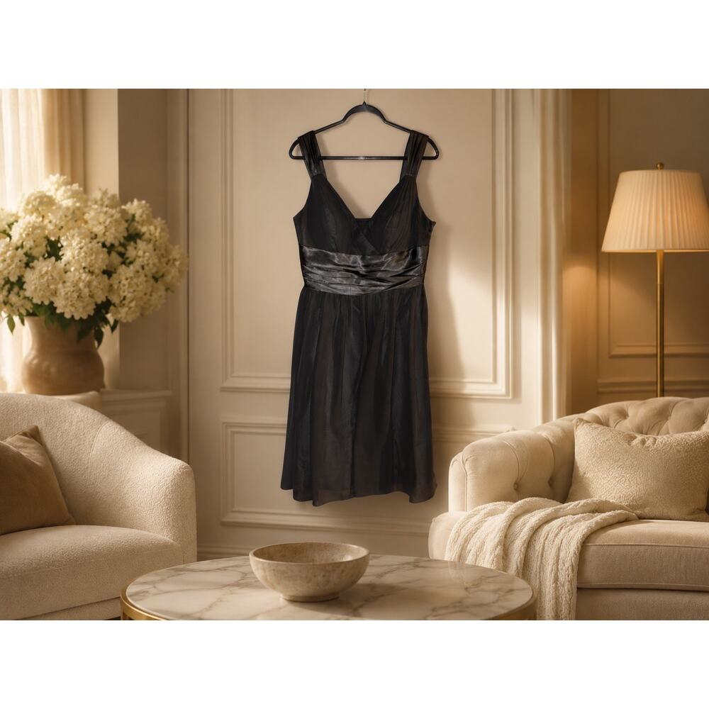 Bill Levkoff Black Cocktail Dress 12 NWT Satin Pleated V Neck Wedding Guest Chic